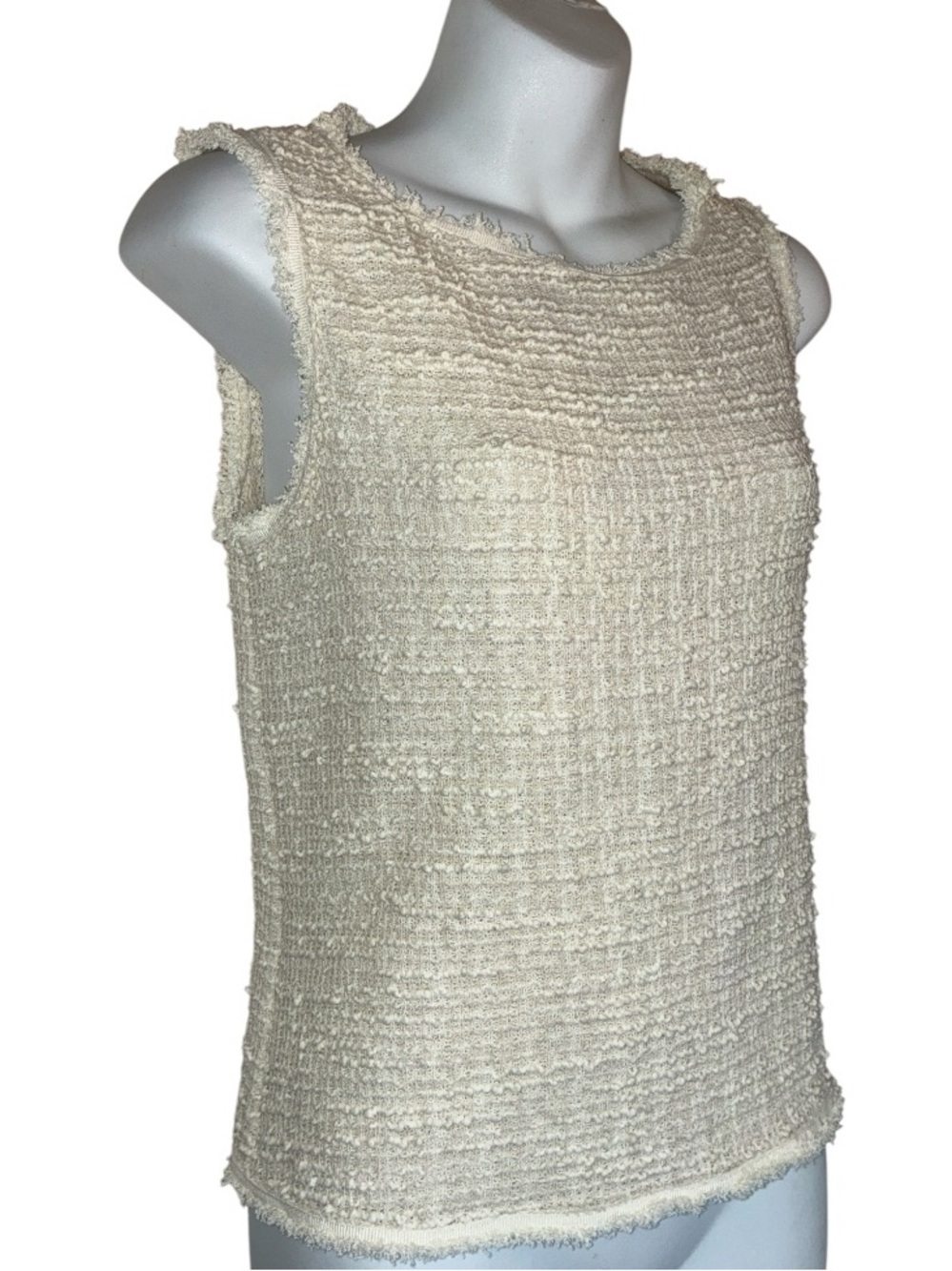Max Studio Top, Women's S, Cream Textured Waffle Knit, fringe edges EUC